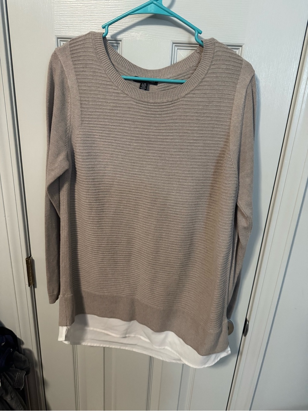 Hilary Radley Taupe Crewneck Sweater with White Layered Hem